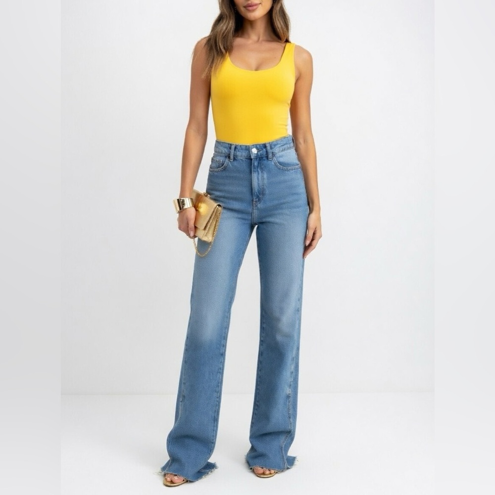 Zara High Rise Straight Leg Jeans Raw Hem Ankle Slit Size 6